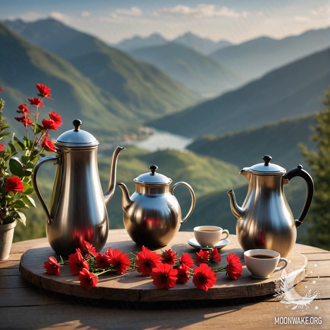 Абстрактный деревянный стол с банкой красных цветов, кофейником и чашками на фоне горного пейзажа.