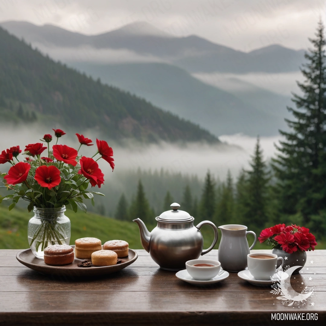 Деревянный стол с банкой красных цветов, кофейником и чашками на фоне туманных гор.