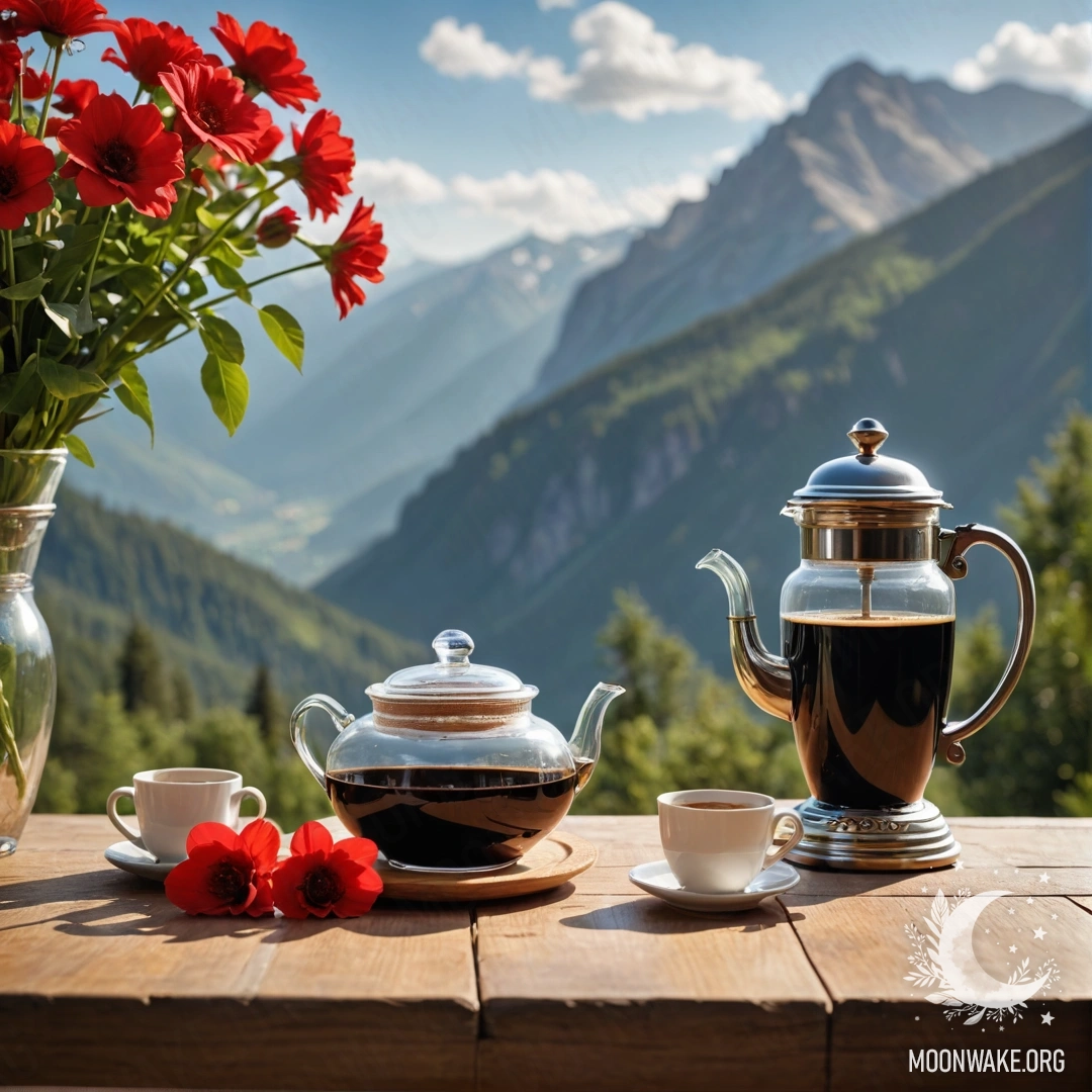 Деревянный стол с банкой красных цветов, кофейником и чашками на фоне гор, в солнечном свете.
