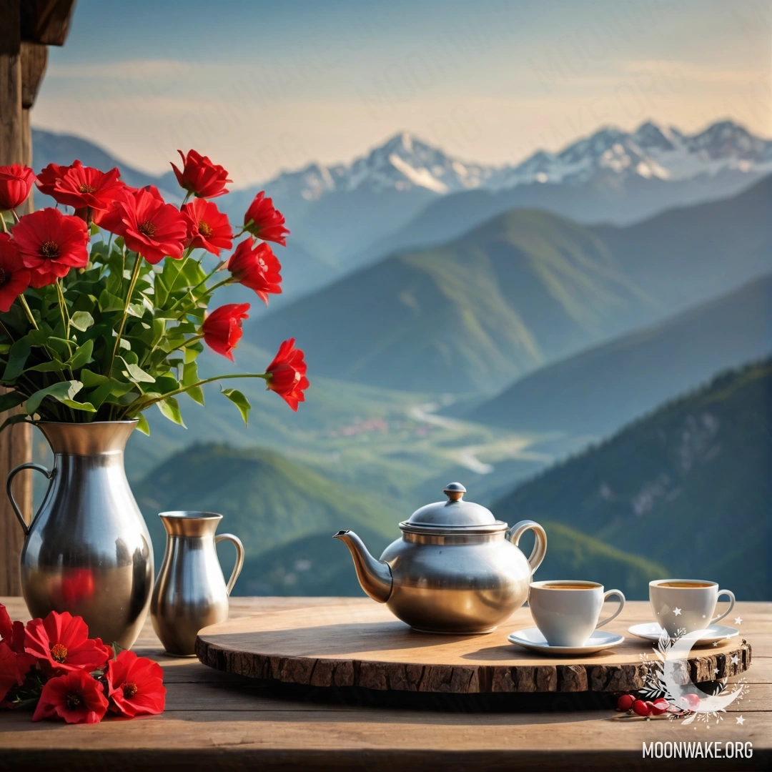 Фотореалистичный деревянный стол с вазой красных цветов, кофейником и чашками с гирляндой, на фоне горного пейзажа.