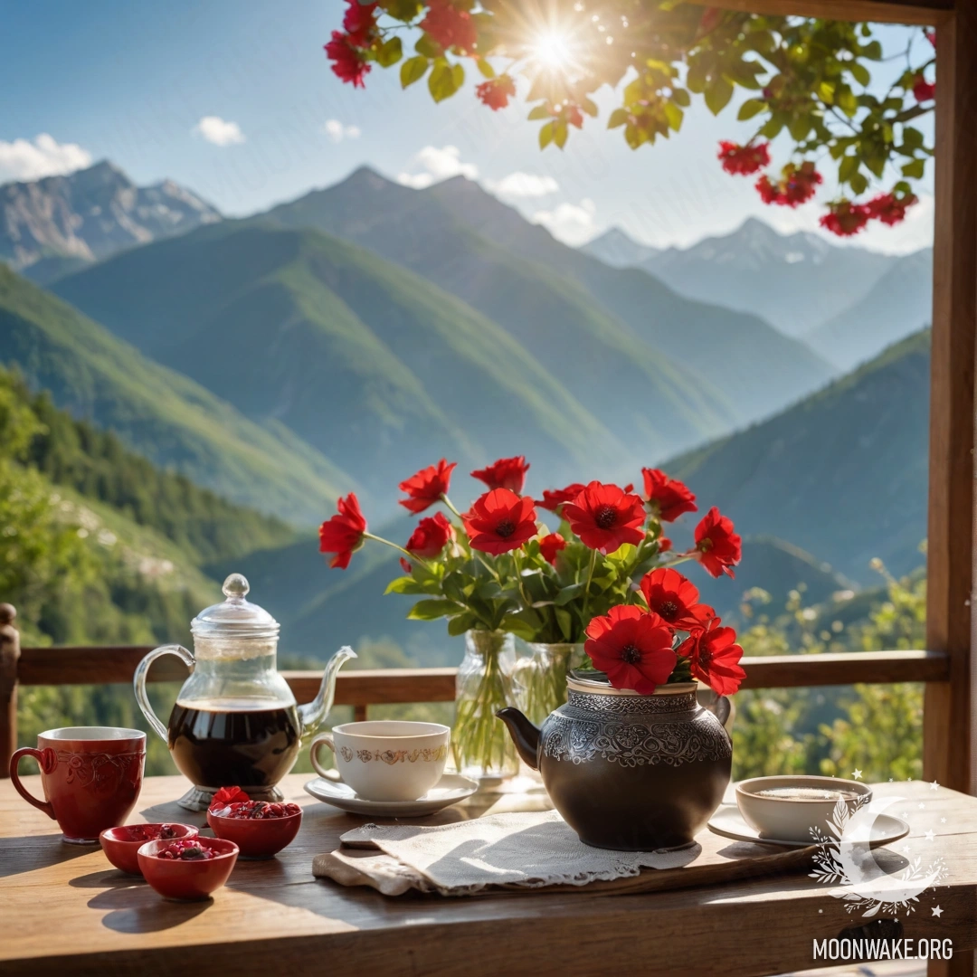 Милый деревянный стол с банкой красных цветов, кофейником и чашками на фоне гор с лучами солнца.