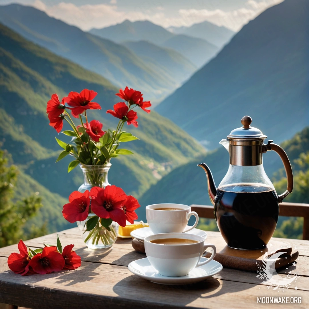 Фотография деревянного стола с банкой красных цветов, кофейником и чашками на фоне гор.