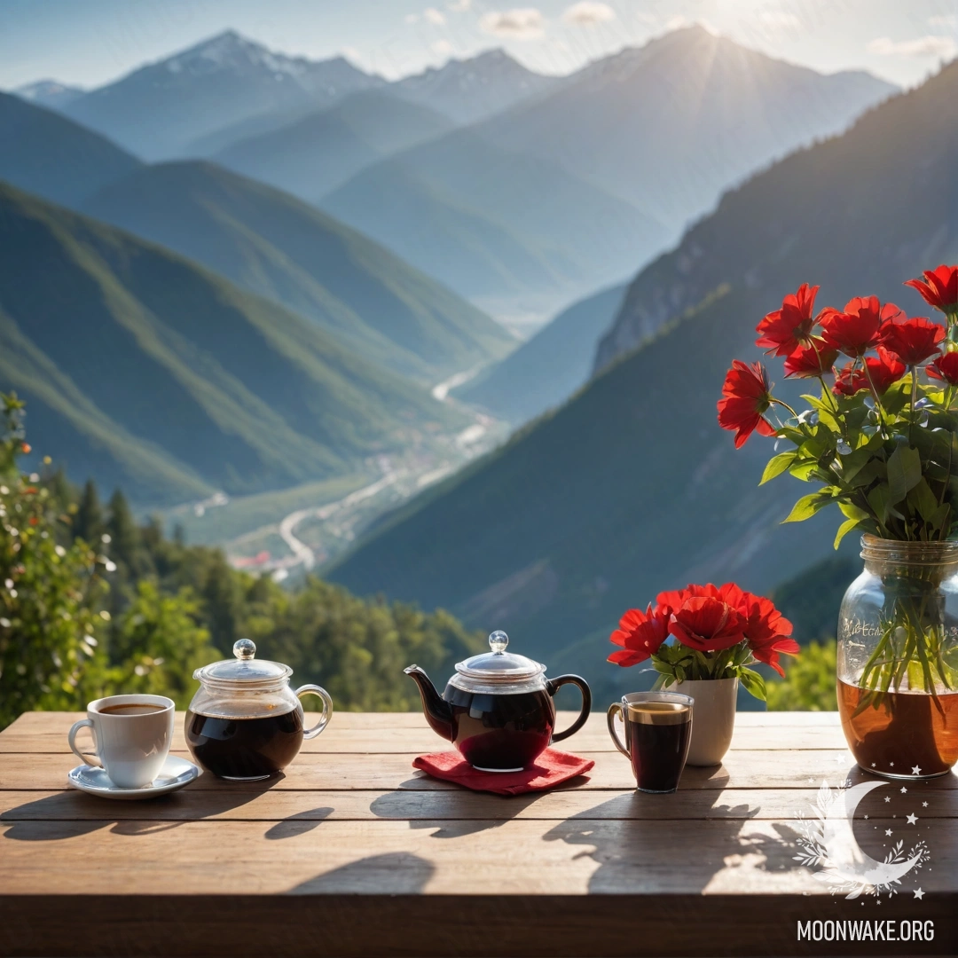 Мирная деревянная таблица, украшенная красными цветами, кофейником и чашками на фоне гор, освещенных солнечными лучами.