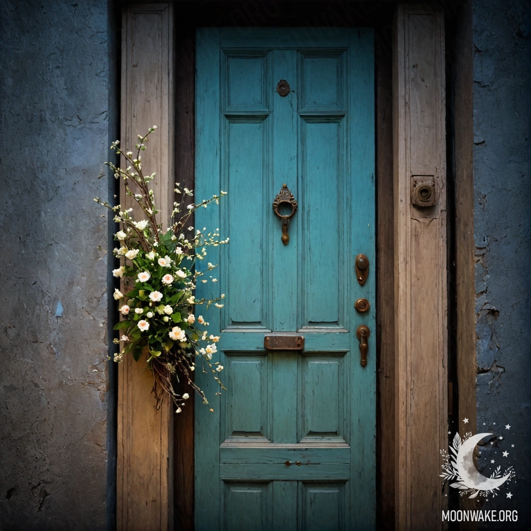 Старая дверь, украшенная веточками и цветами на ручке, в ночном время.