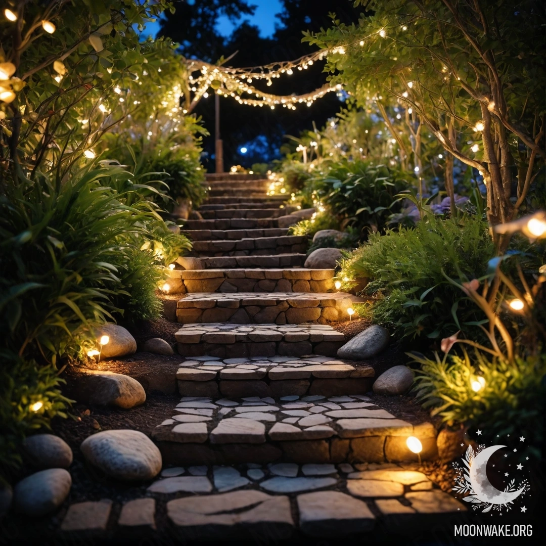 Сад ночью, украшенный светящимися гирляндами, каменной дорожкой и деревянной лестницей.