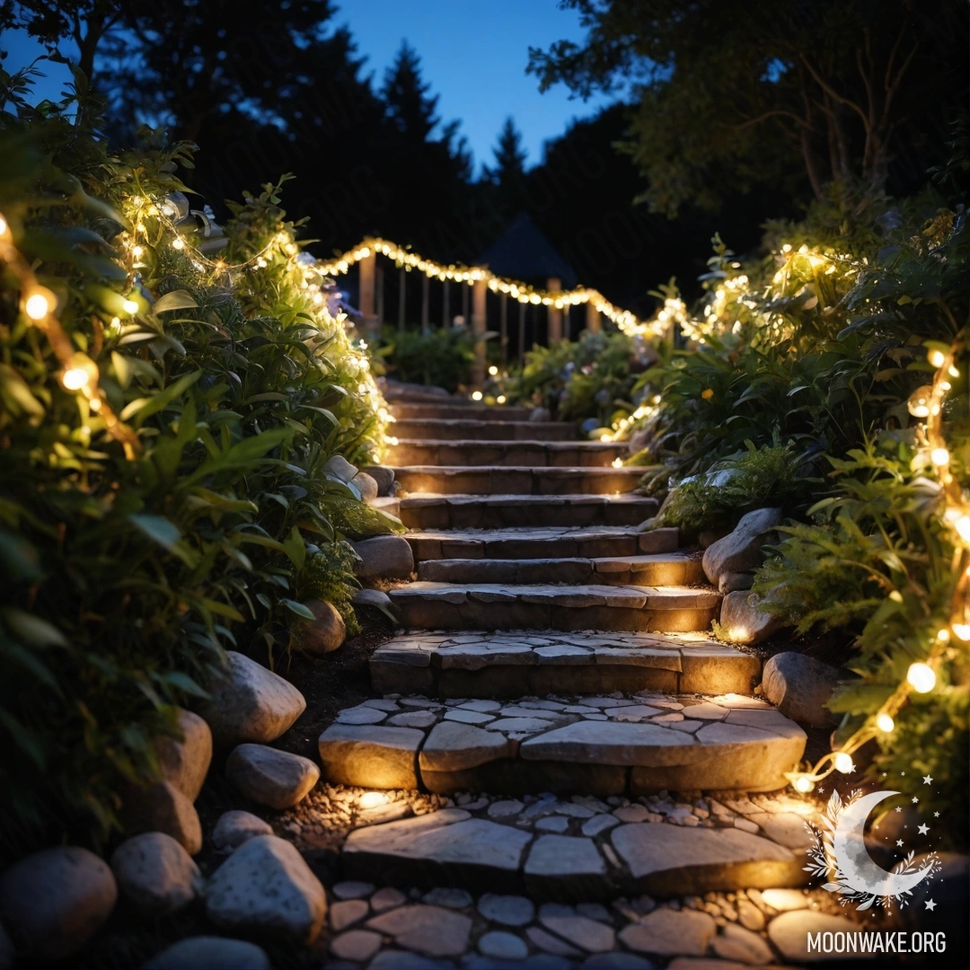 Садовая дорожка ночью, украшенная световыми гирляндами и камнями.