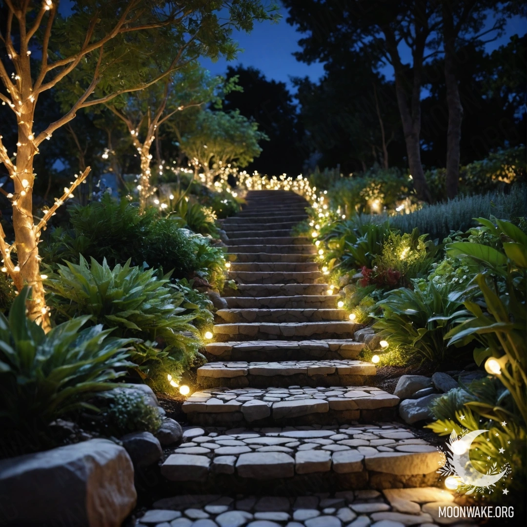 Милый сад ночью, украшенный световыми гирляндами и каменной дорожкой.
