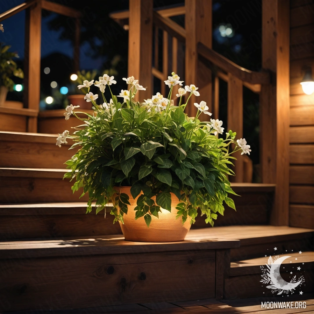 Деревянная лестница, украшенная цветочными горшками ночью.