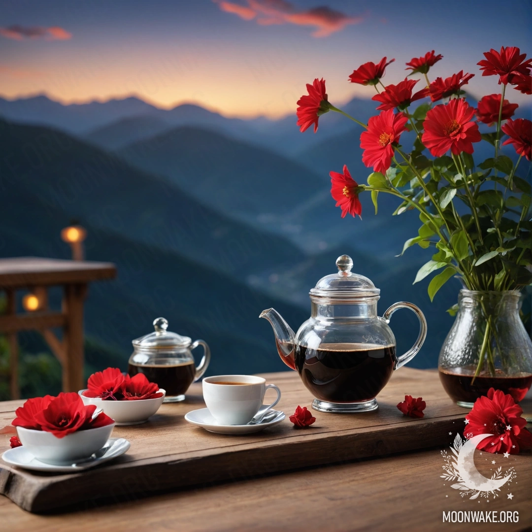 Деревянный стол с банкой красных цветов и кофейником на фоне гор ночью.