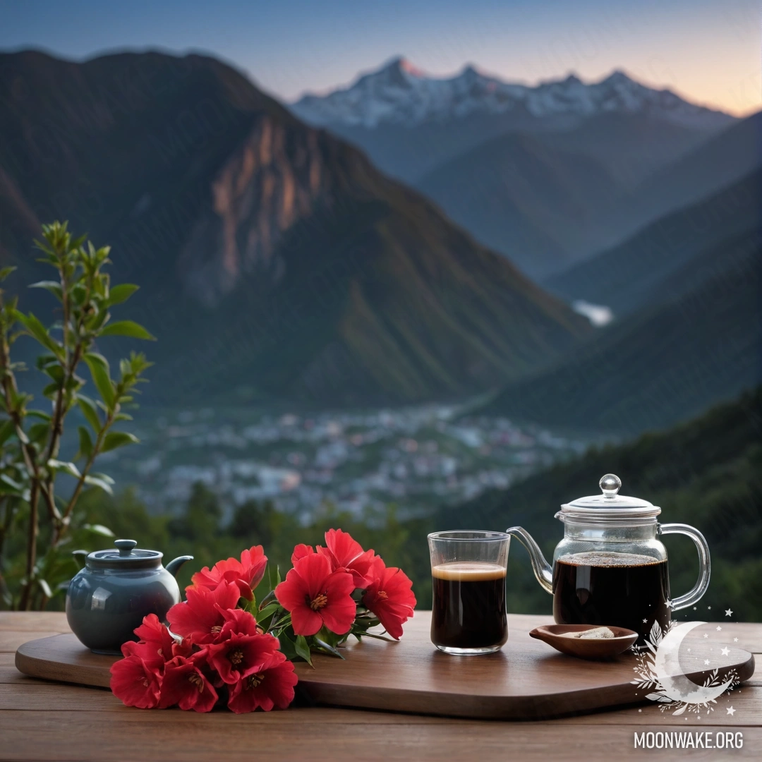 Деревянный стол с красными цветами и кофейником на фоне гор ночью.