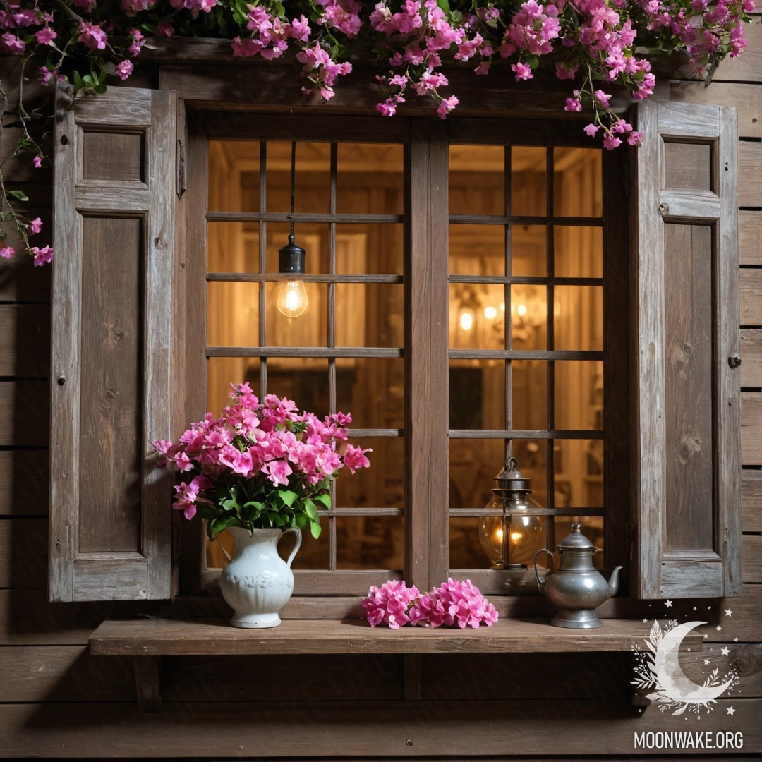 Фотореалистичное изображение покосившегося деревянного окна с ставнями, украшенного керосиновой лампой и веткой розовых цветов, в ночной атмосфере.