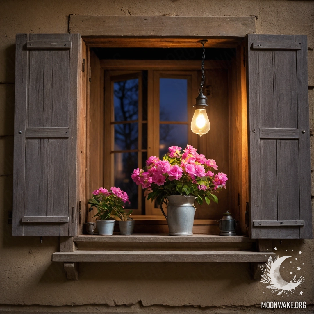 Старая дверь, украшенная веточками и цветами на ручке ночью.