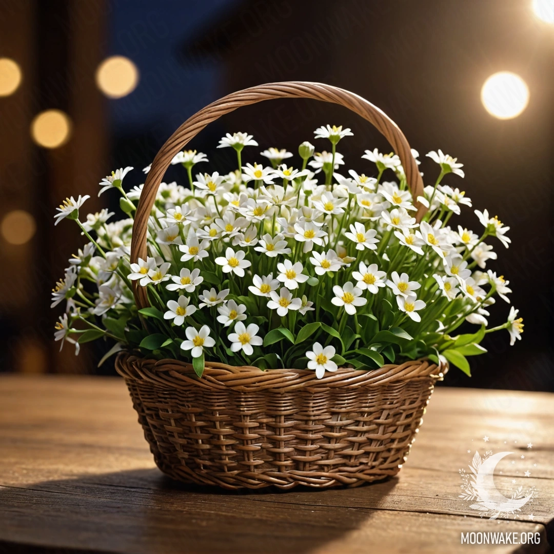 Корзинка, заполненная маленькими белыми цветами, освещенная лунным светом на деревянном столе в ночное время.