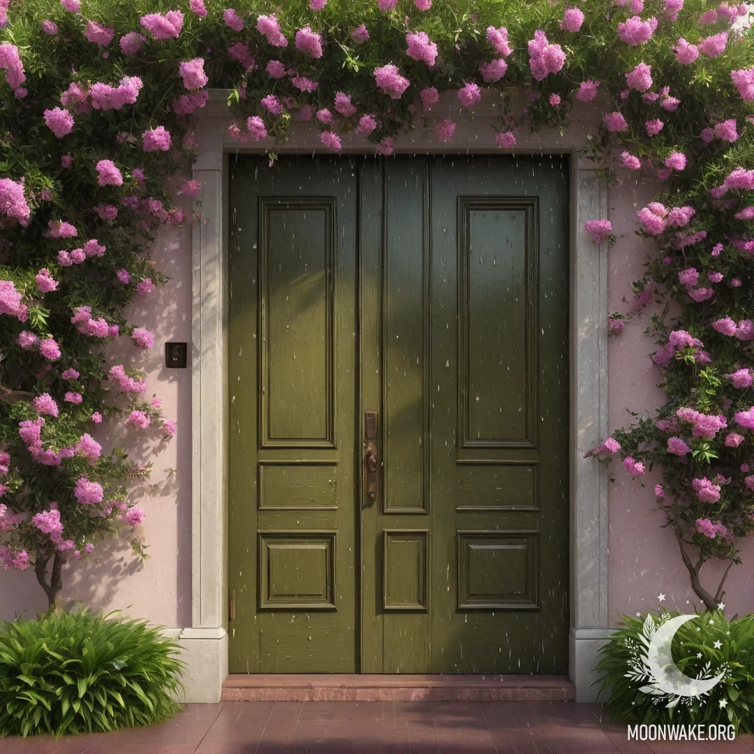 Милые оливковые двери с деревом над ними, украшенным розовыми цветами под дождем.