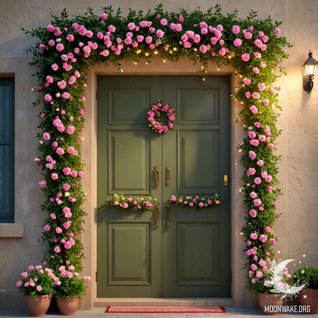 Милая оливковая дверь с цветущим деревом и гирляндой огней над ней.