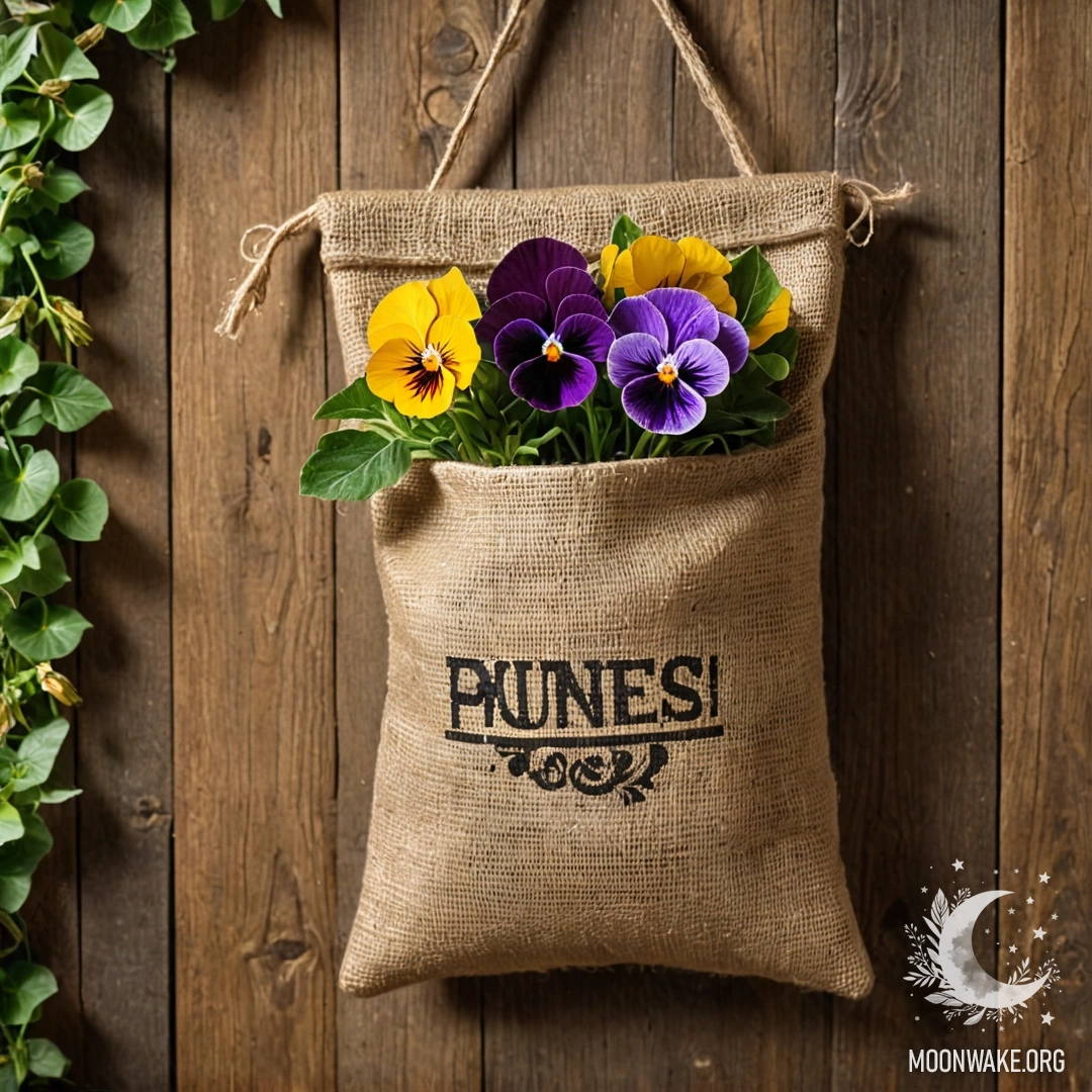 Маленький мешочек из брезента с анютиными глазками висит на потертой деревянной стене.