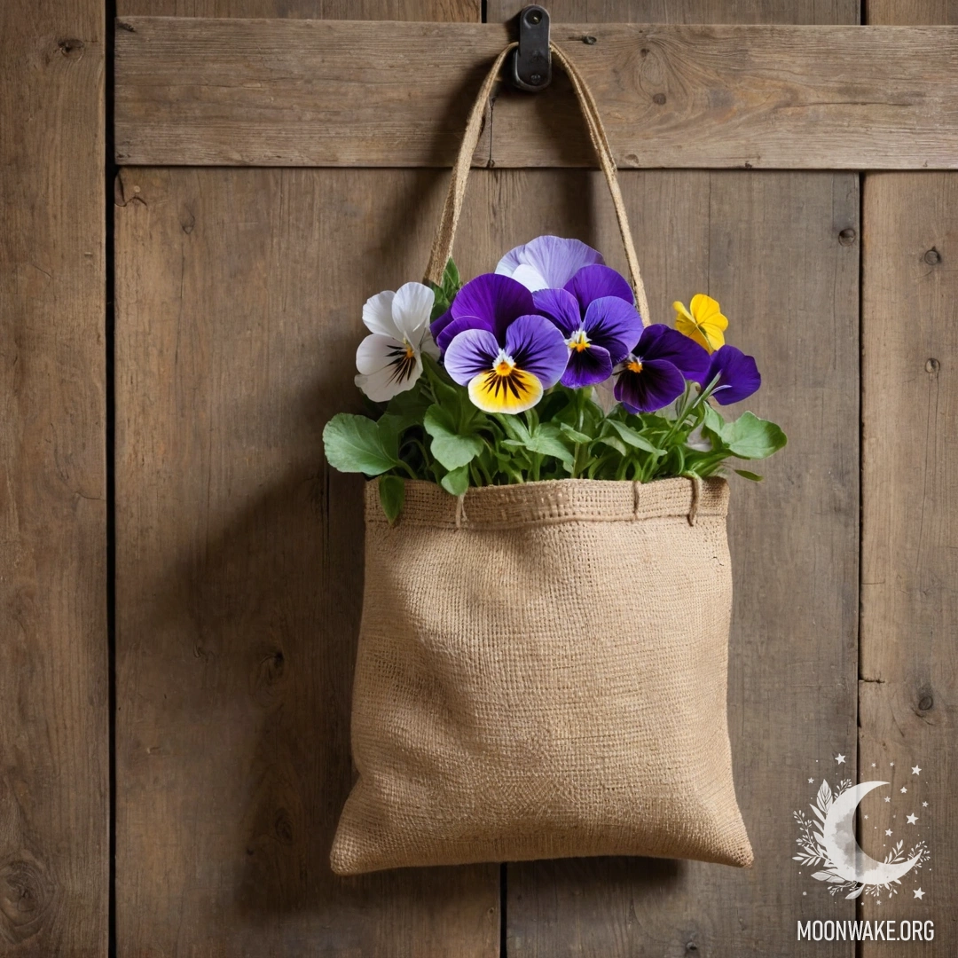 Маленький мешочек из грубой ткани, висящий на потрепанной деревянной стене, наполненный анютиными глазками.