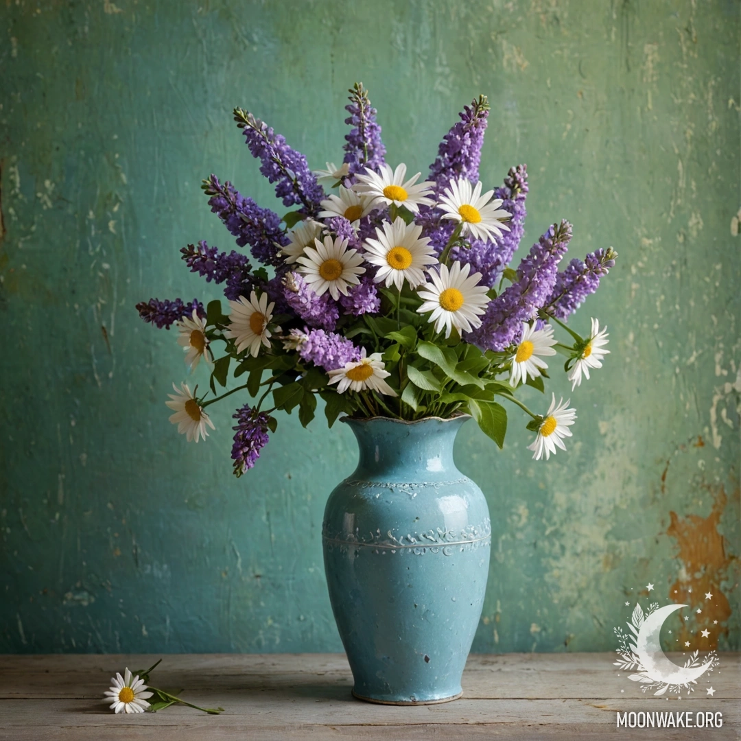 Маленький мешочек из мешковины, висящий на потертом деревянном стене, наполненный анютиными глазками на фоне заката.