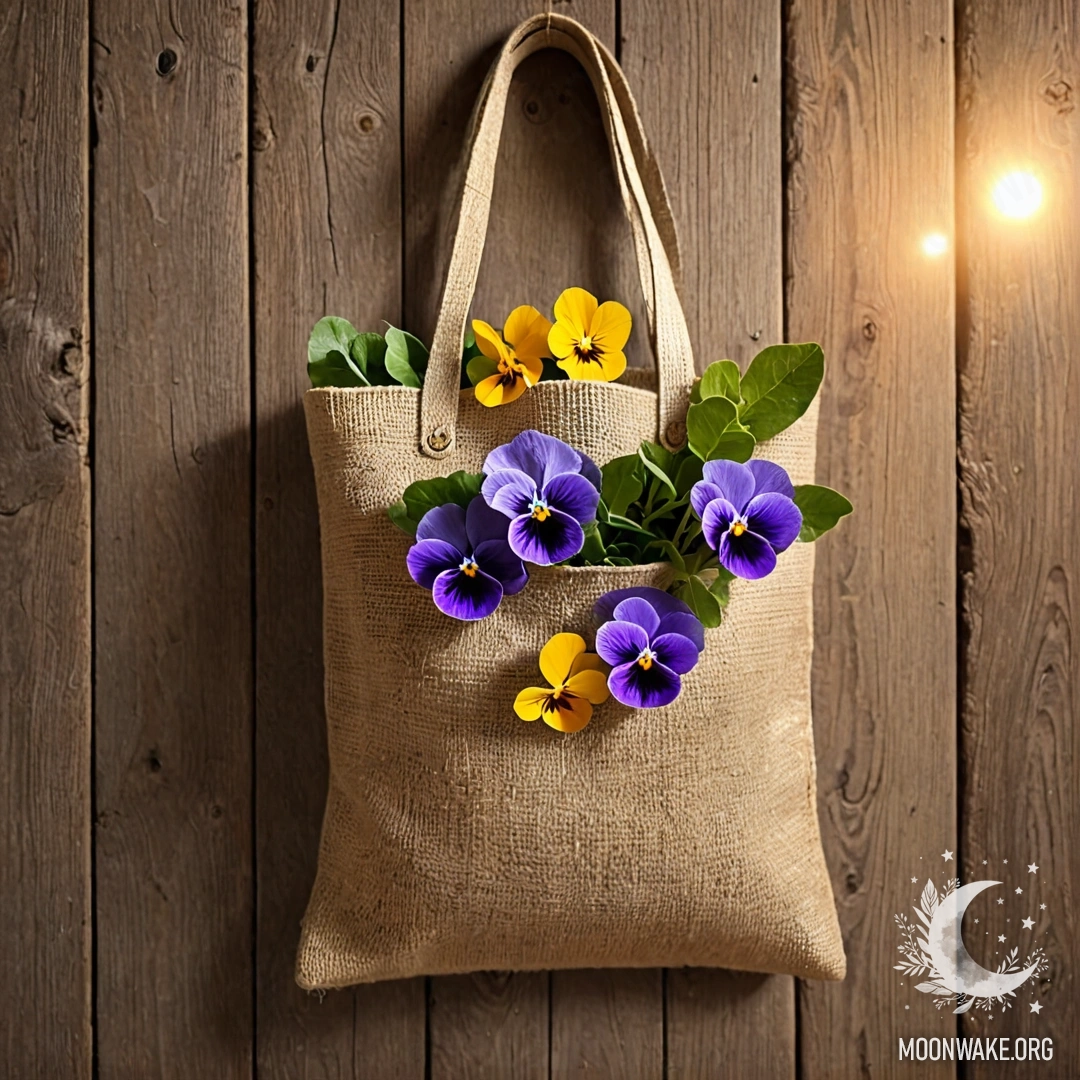 Маленький мешочек из мешковины, висящий на старой деревянной стене, заполненный анютиными глазками.