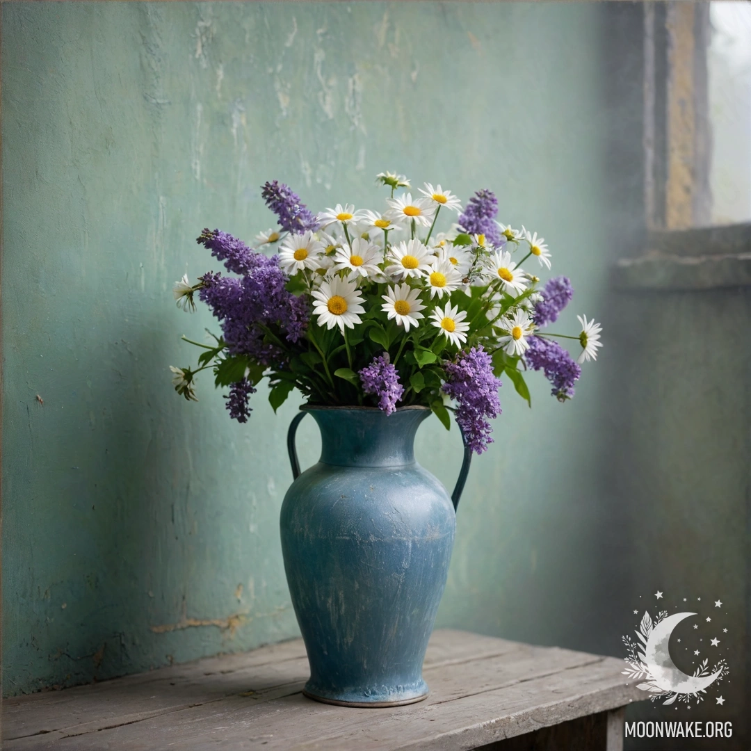 На потрепанной деревянной стене висит маленькая мешочка из грубого холста, в котором находятся анютины глазки под дождем.