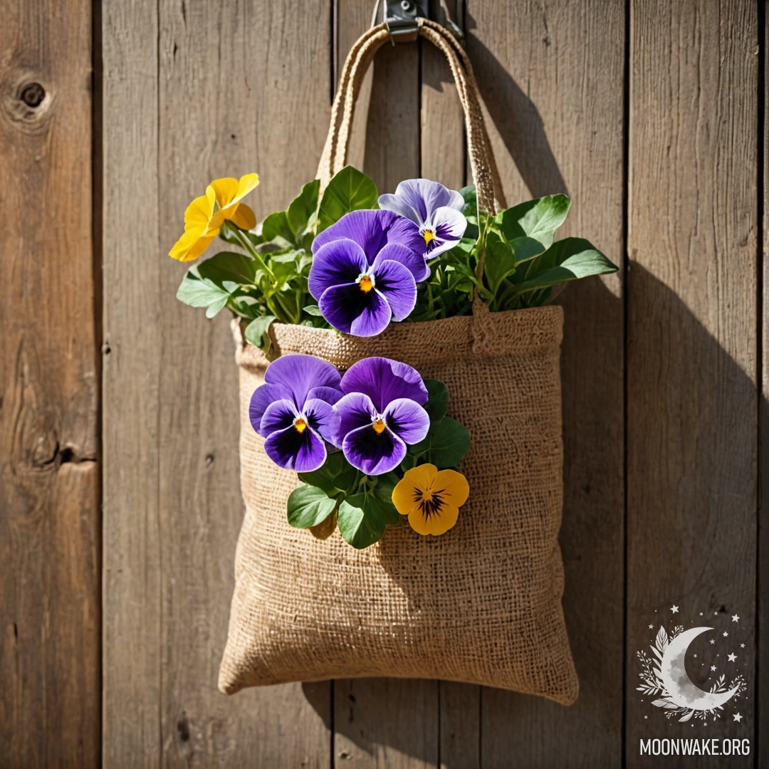 Небольшой мешочек из мешковины, наполненный анютиными глазками, висит на старой деревянной стене, освещенный солнечными лучами.