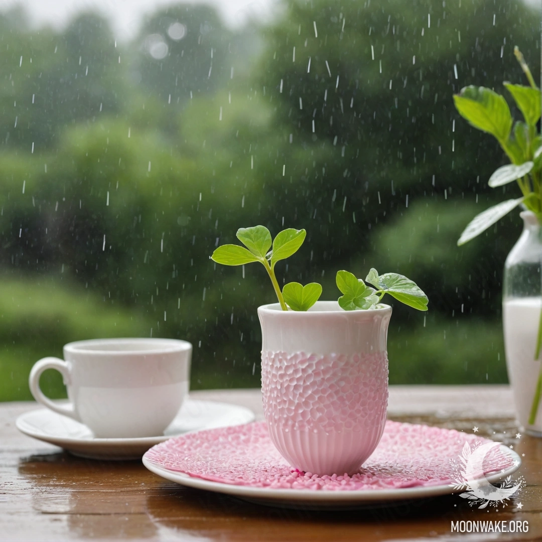 Круглая соломенная салфетка с белыми фарфоровыми чашками с розовым узором, рядом белая ваза с клевером, всё под дождём.