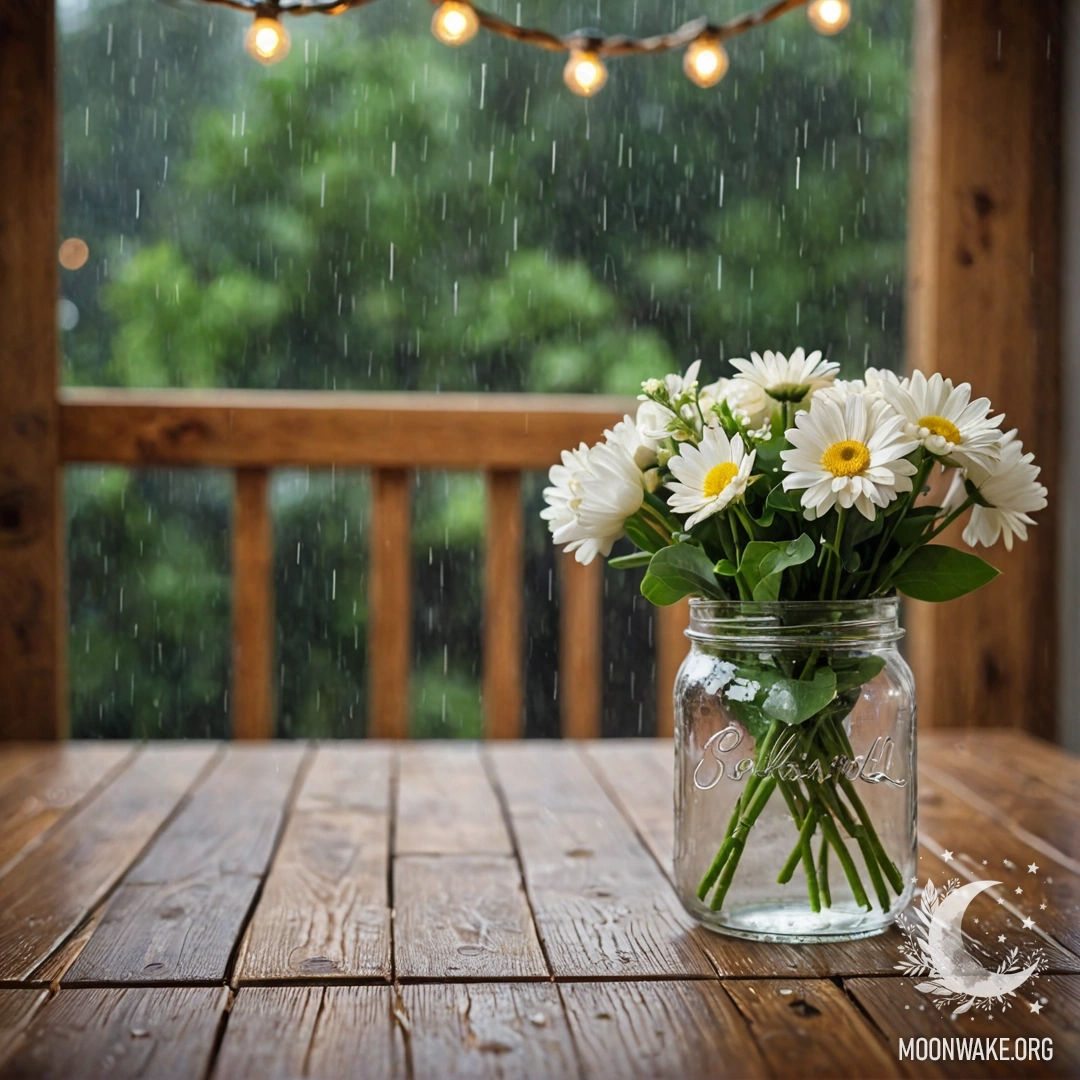 Старый деревянный стол с банкой цветов и размытым светом гирлянды на фоне под дождем.