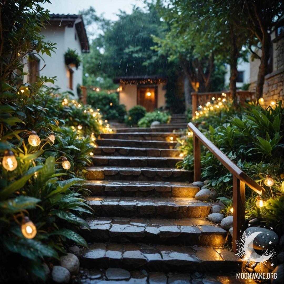 Красивый сад, украшенный световыми гирляндами, каменная дорожка под дождем и деревянная лестница.