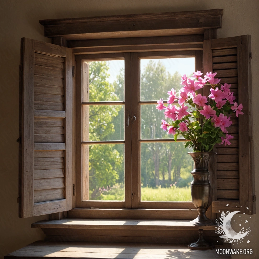 Старое деревянное окно с ставнями и керосиновой лампой над ним, украшенное веточками розовых цветов и солнечными лучами.