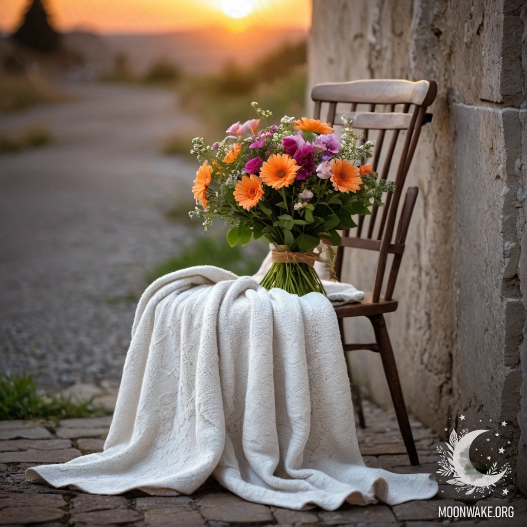 Уютный стул с пледом и букетом цветов на фоне обшарпанной стены во время заката.