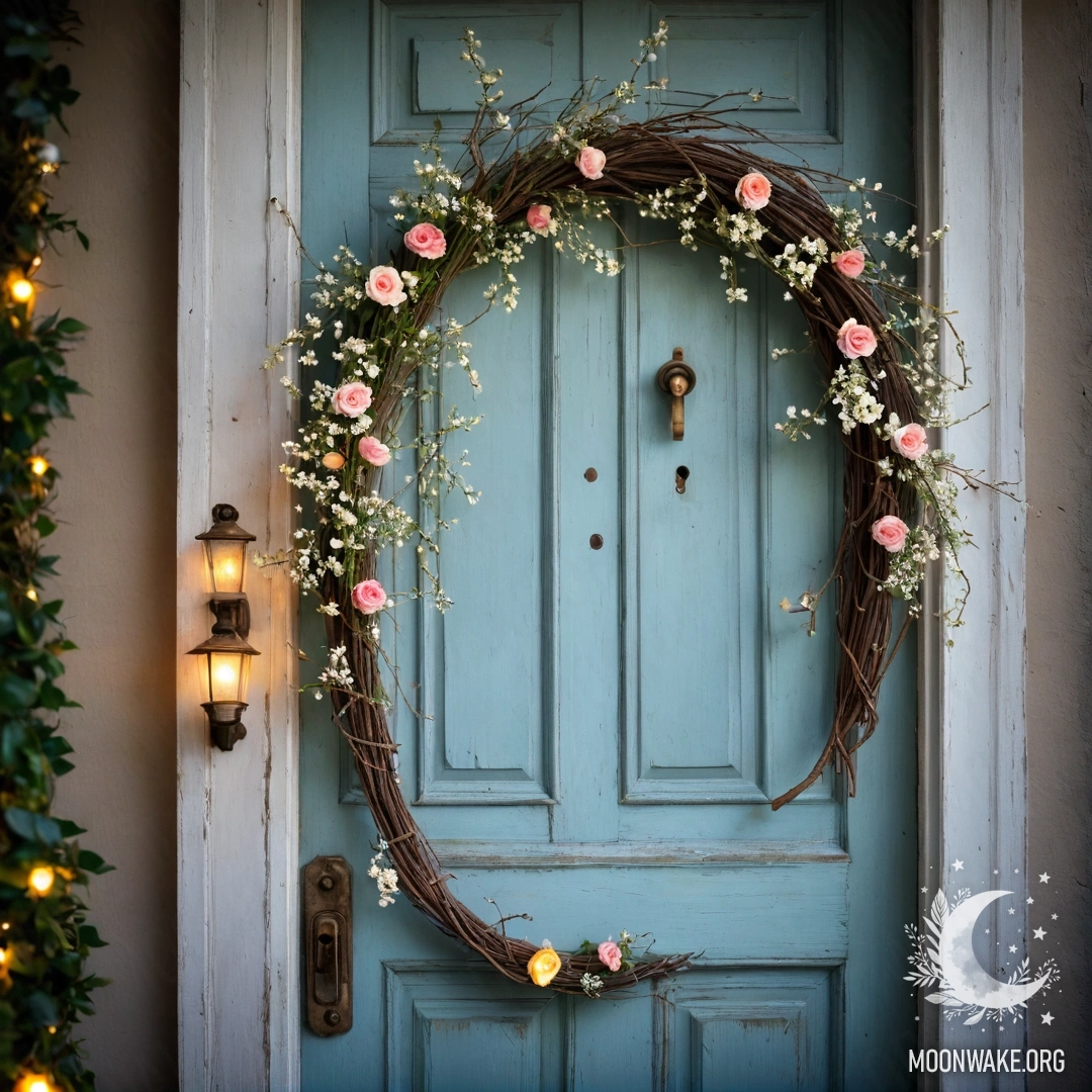 Потертая дверь, украшенная веточками и цветами на ручке, освещенная гирляндами света.