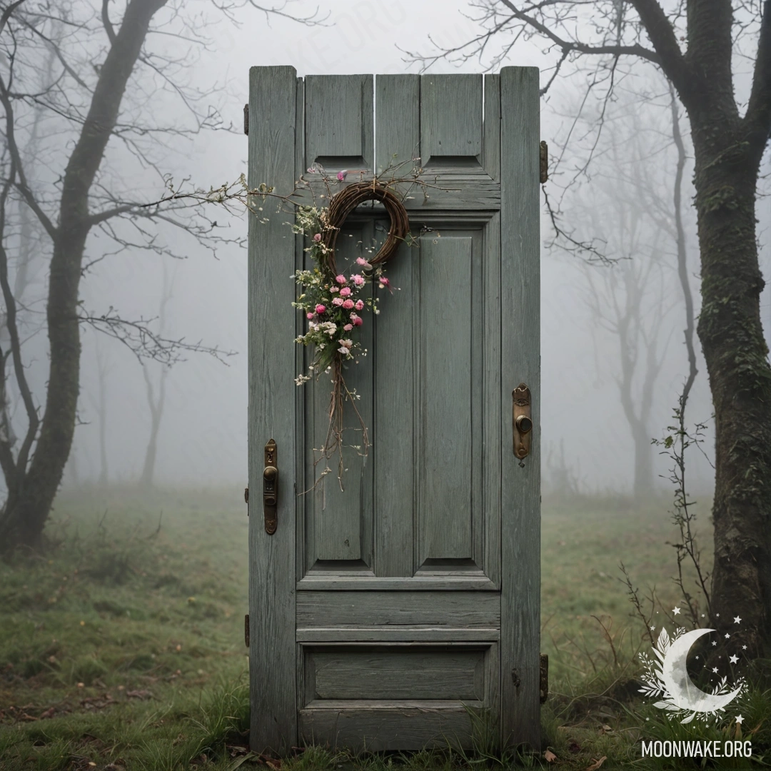 Старая дверь, украшенная веточками и цветами на ручке, окруженная густым туманом.