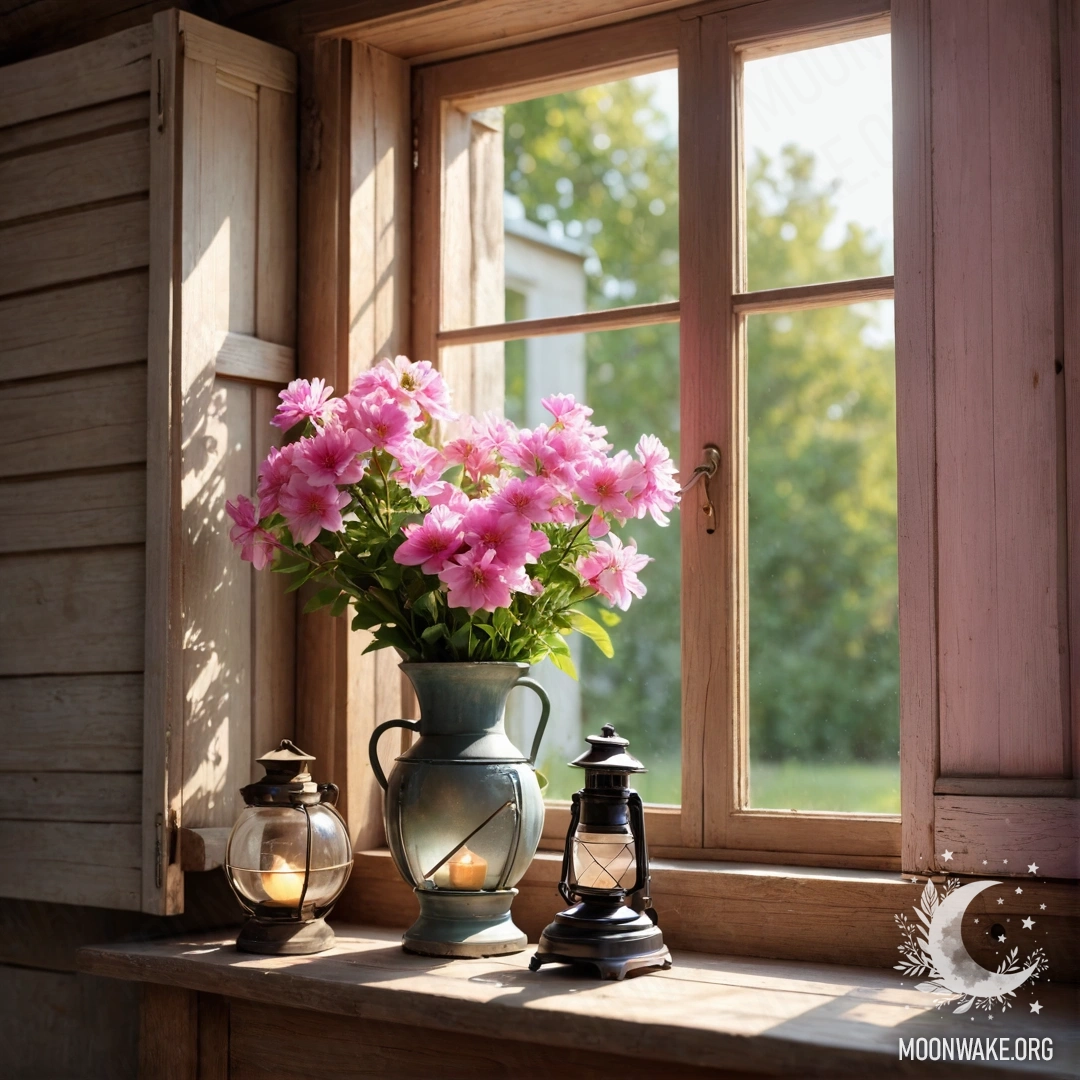 Потертая дверь, украшенная веточками и цветами на ручке, освещенная солнечными лучами.