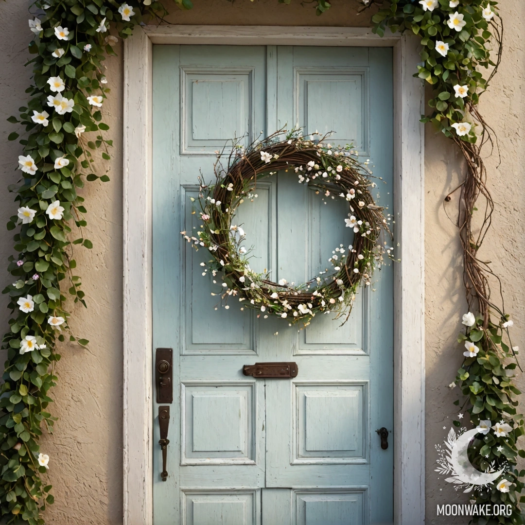 Потертая дверь, украшенная веточками и цветами на ручке, сверкающая огнями гирлянды.