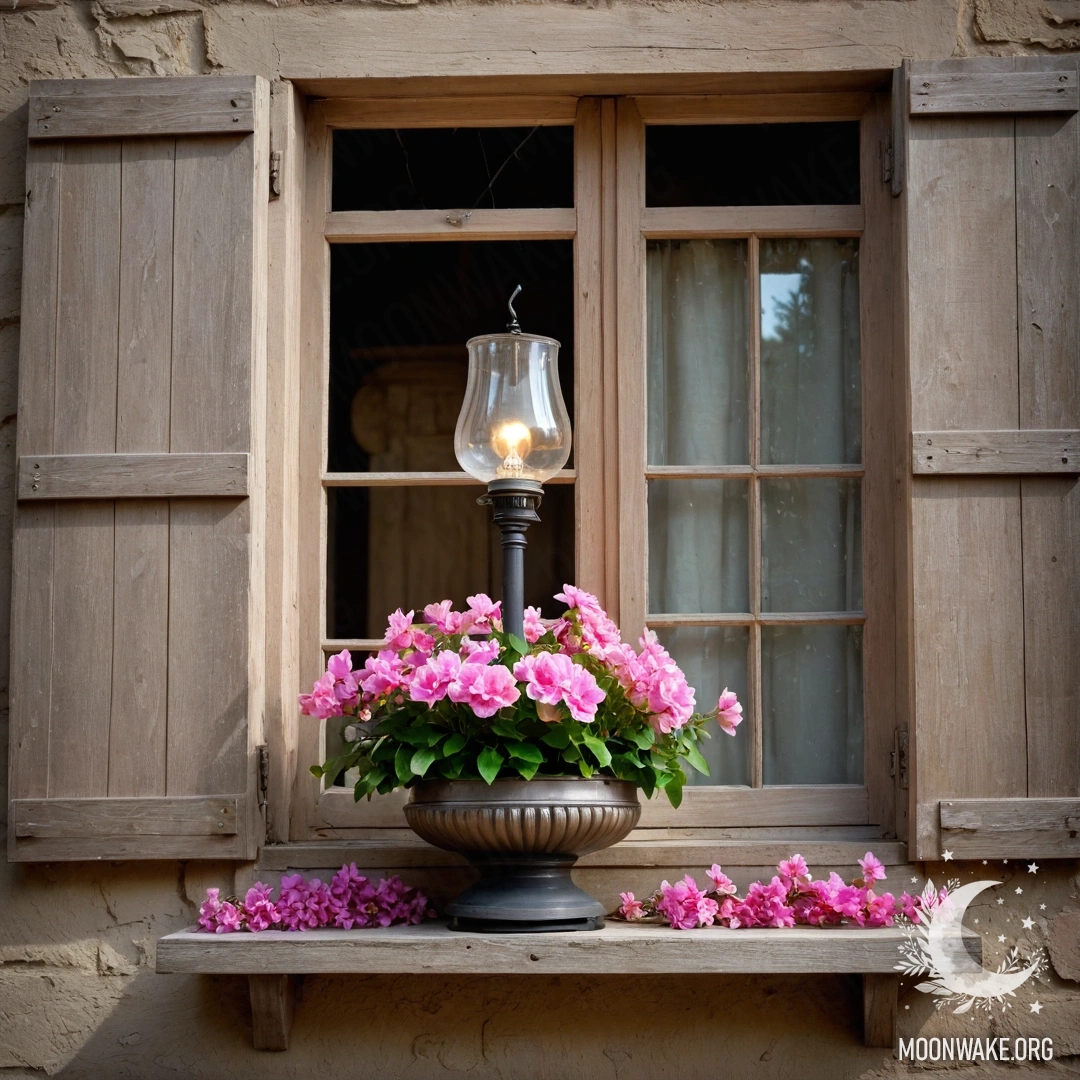 Потертая дверь, украшенная веточками и цветами на ручке, освещенная гирляндой.