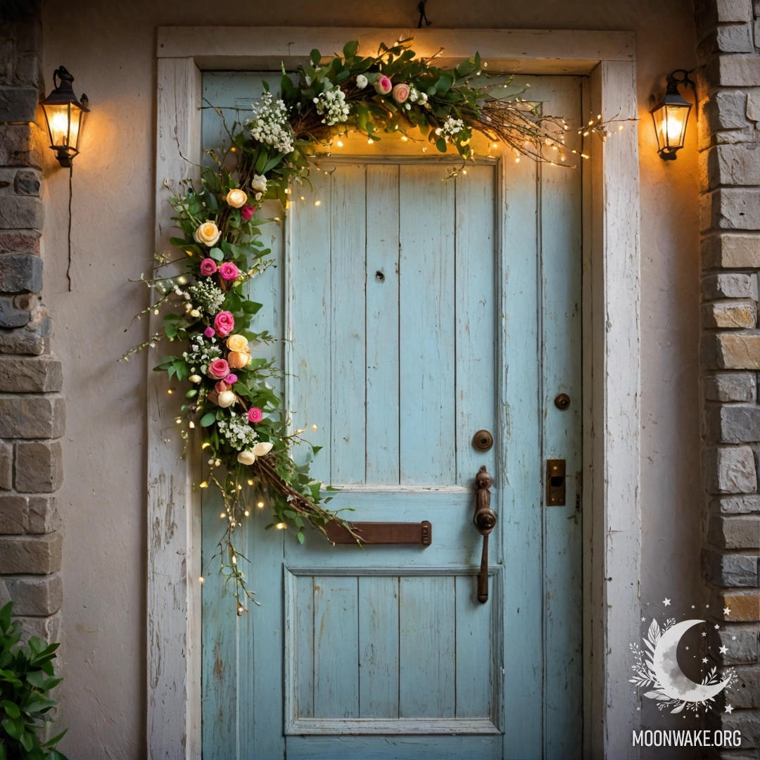 Старая потертая дверь, украшенная веточками и цветами на дверной ручке, с гирляндой огней.