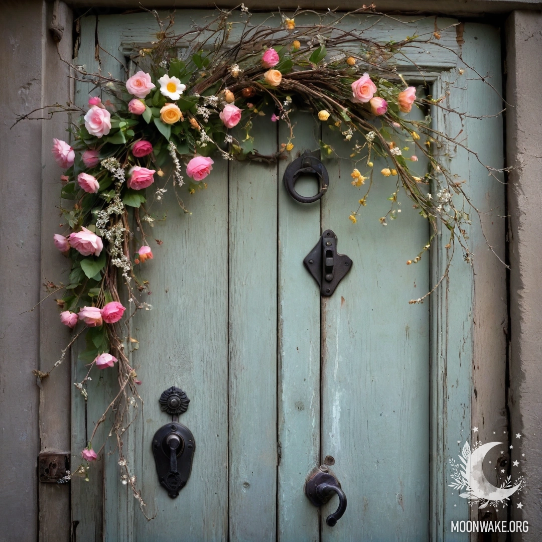 Старомодная дверь, декорированная веточками и цветами на ручке, освещенная гирляндами.