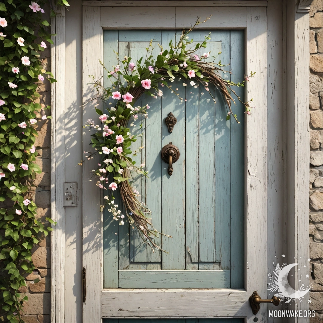Фотореалистичное изображение потертых дверей, украшенных веточками и цветами, освещённых мягкими солнечными лучами.