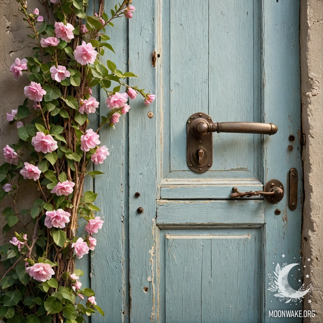 Потертая дверь, украшенная веточками и цветами на ручке, с солнечными лучами, проникающими сквозь.