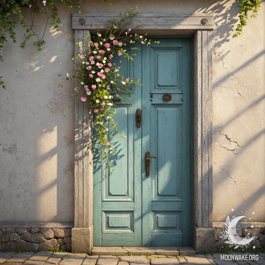 Потертая дверь, украшенная веточками и цветами на ручке, освещенная солнечными лучами.