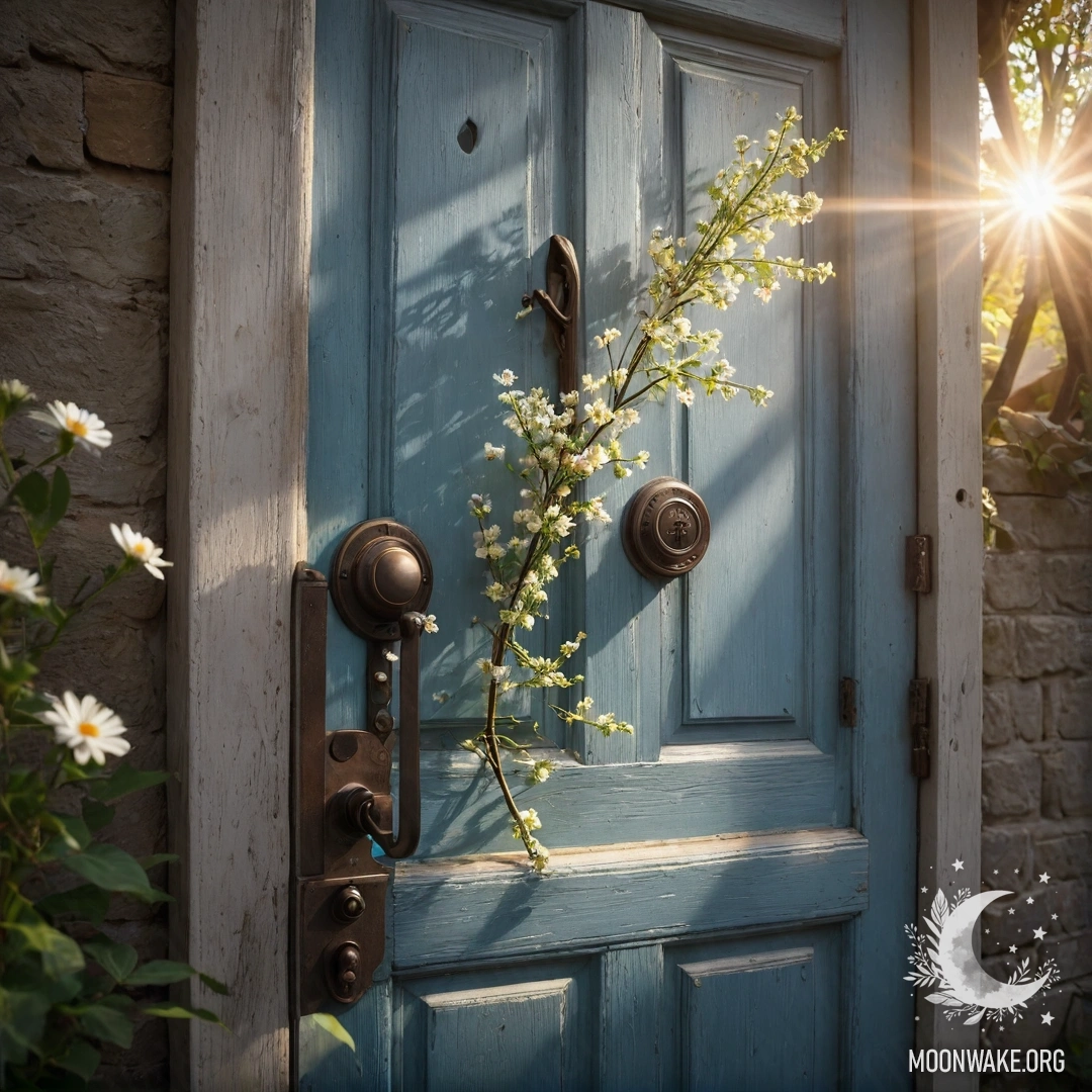 Потертая дверь с веточками и цветами на ручке, освещенная солнечными лучами.