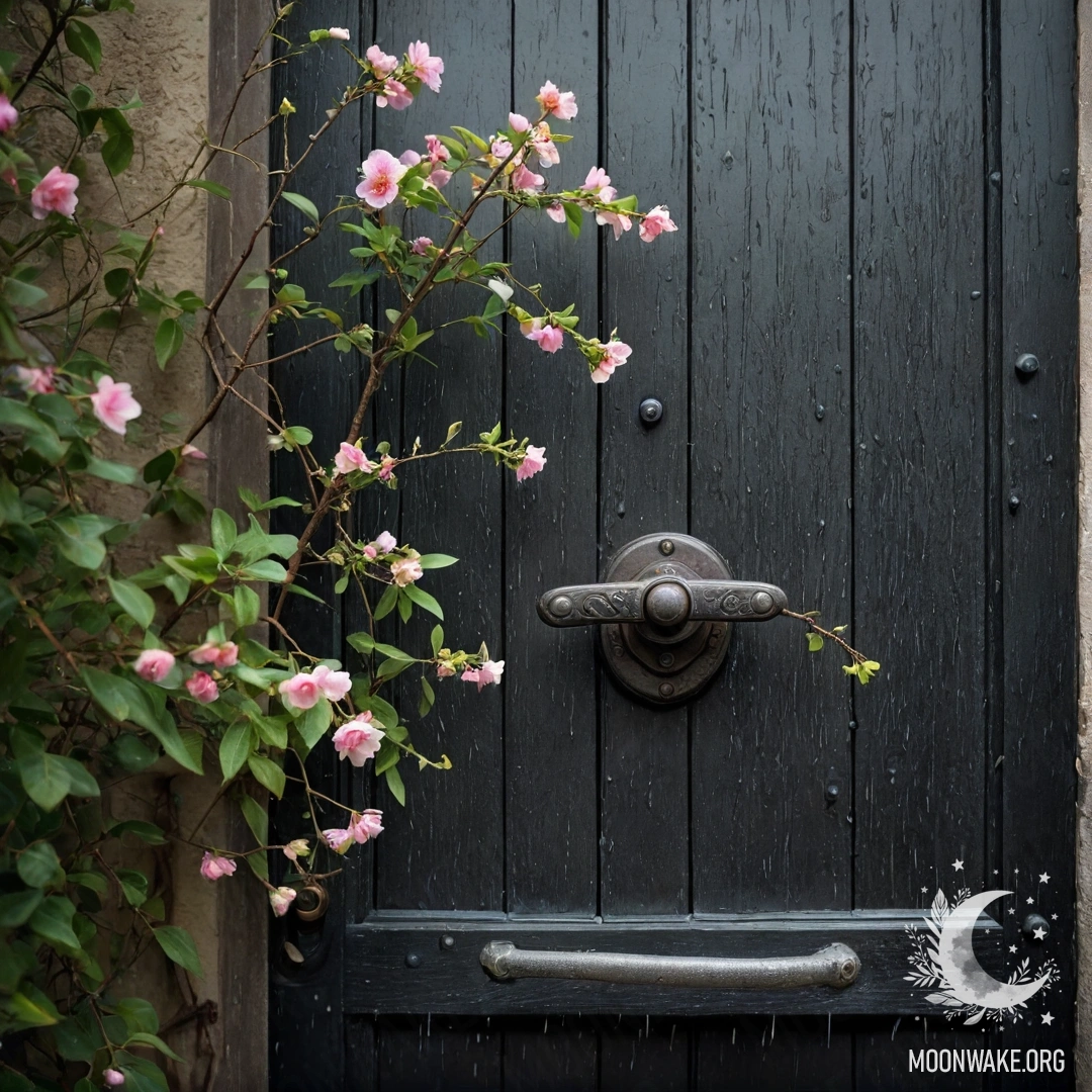 Потрепанная дверь, украшенная веточками с цветами на ручке, мокрая от дождя.