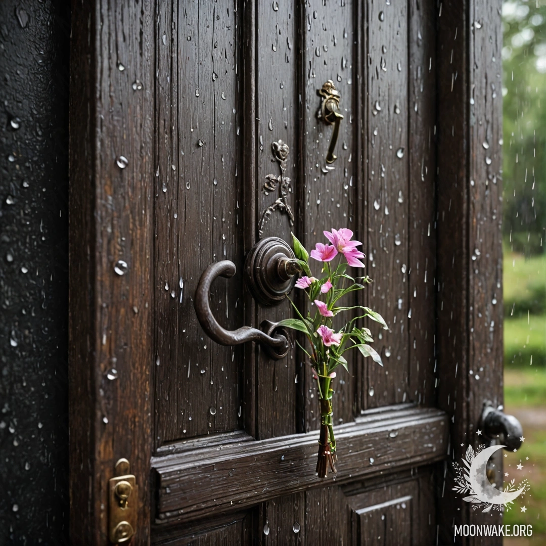 Потертая дверь, украшенная веточками и цветами, под дождем