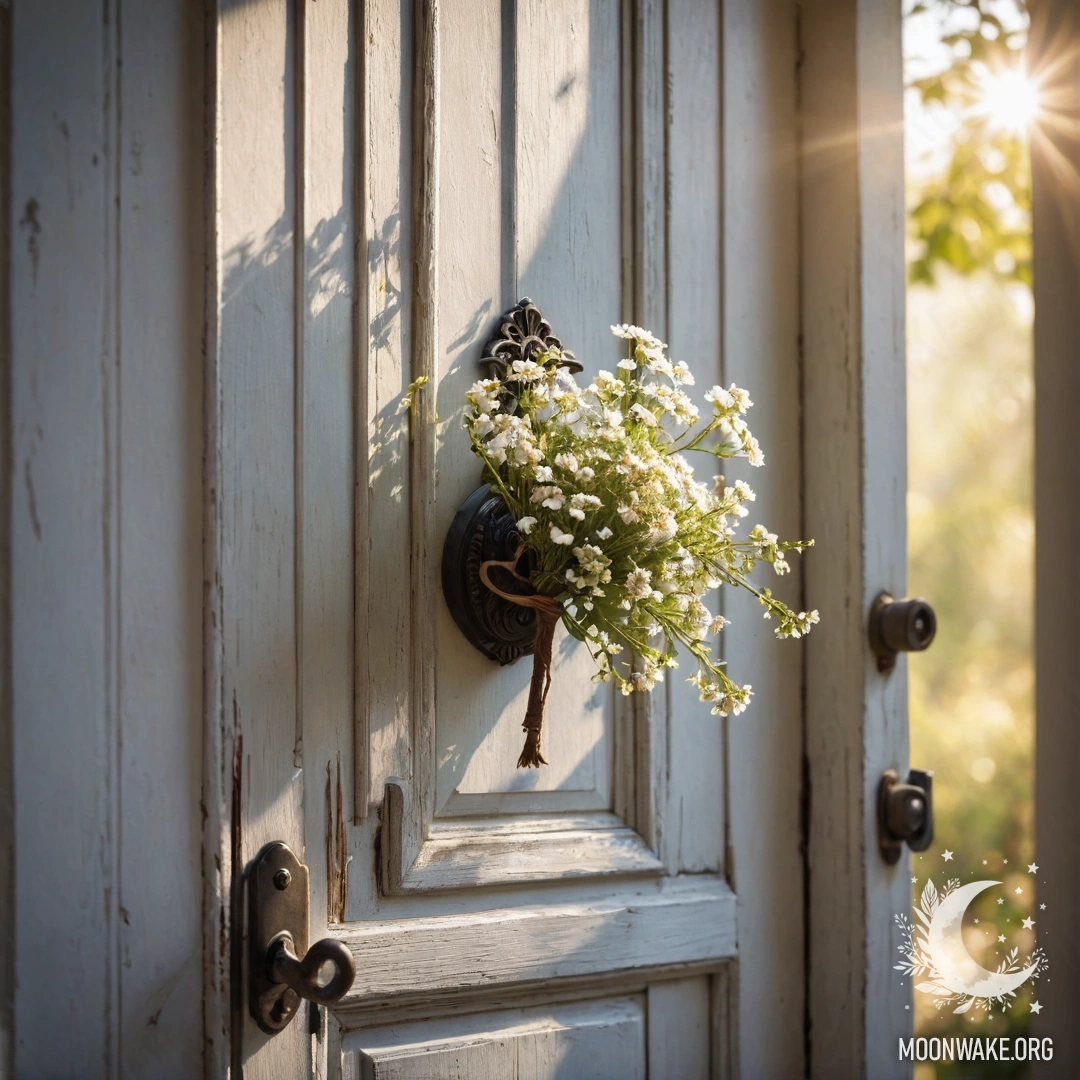 Потрёпанная дверь, украшенная веточками и цветами на ручке, залитая солнечными лучами.