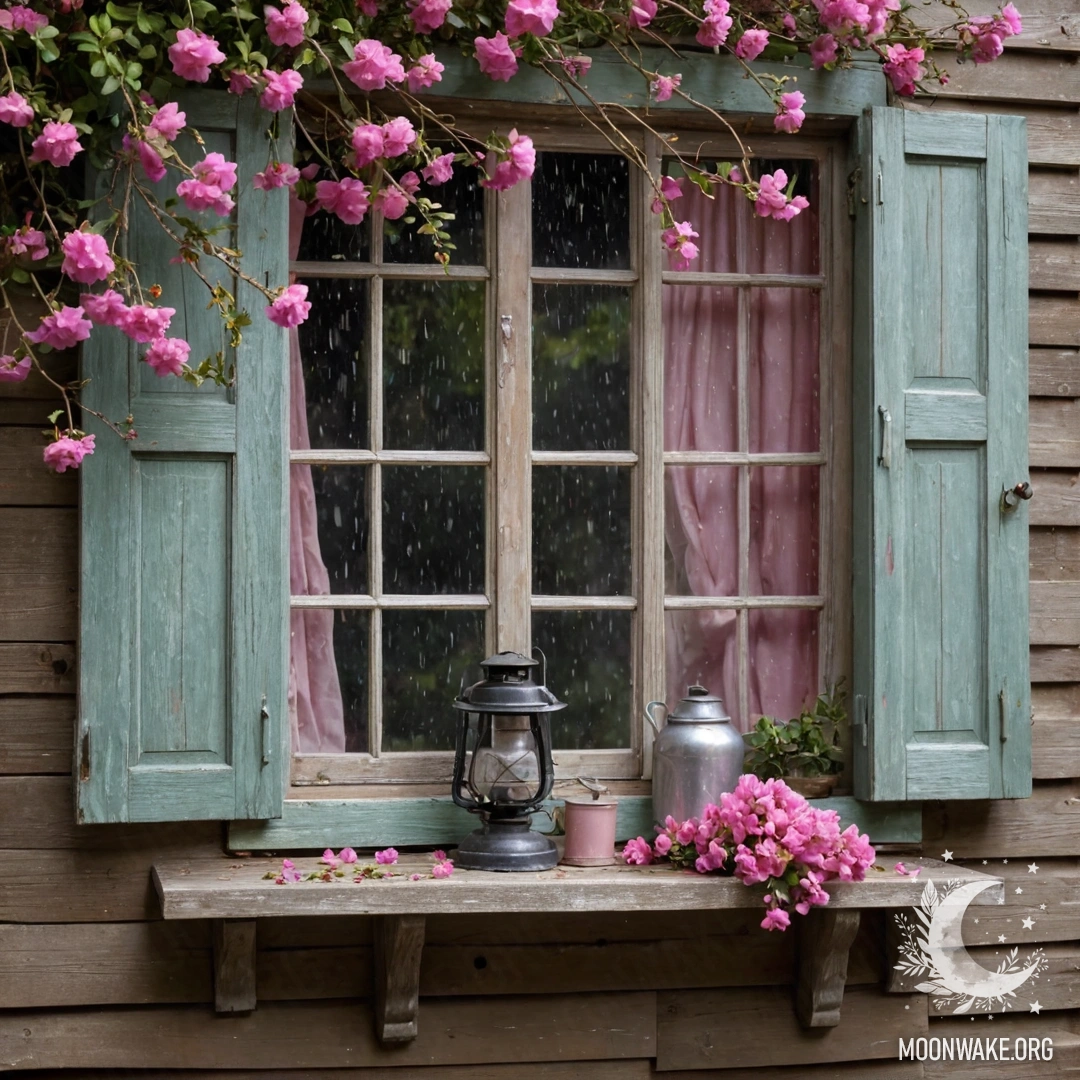 Потертое деревянное окно с ставнями, украшенное розовыми цветами и керосиновой лампой сверху, под дождем.