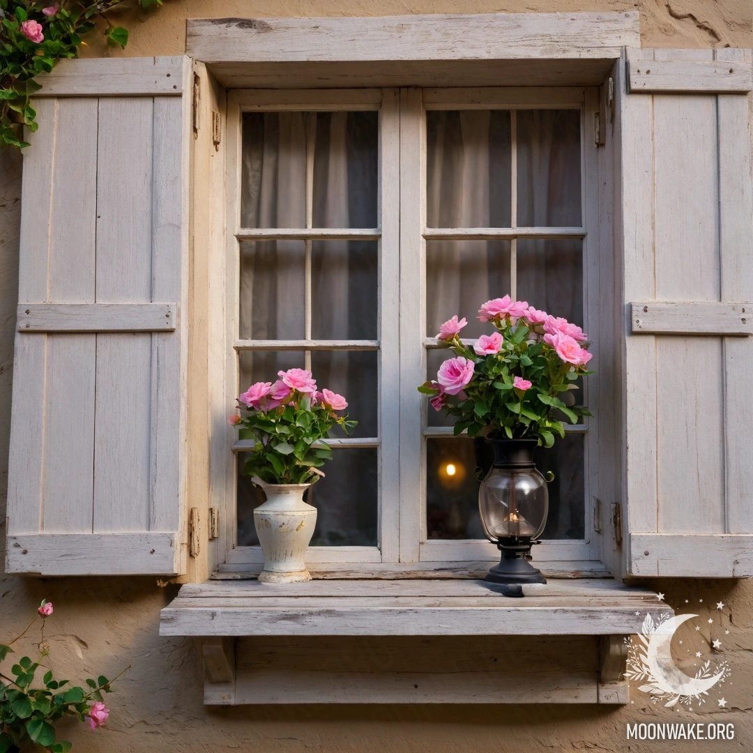 Старинное деревянное окно с розовыми цветами и керосиновой лампой над ним.