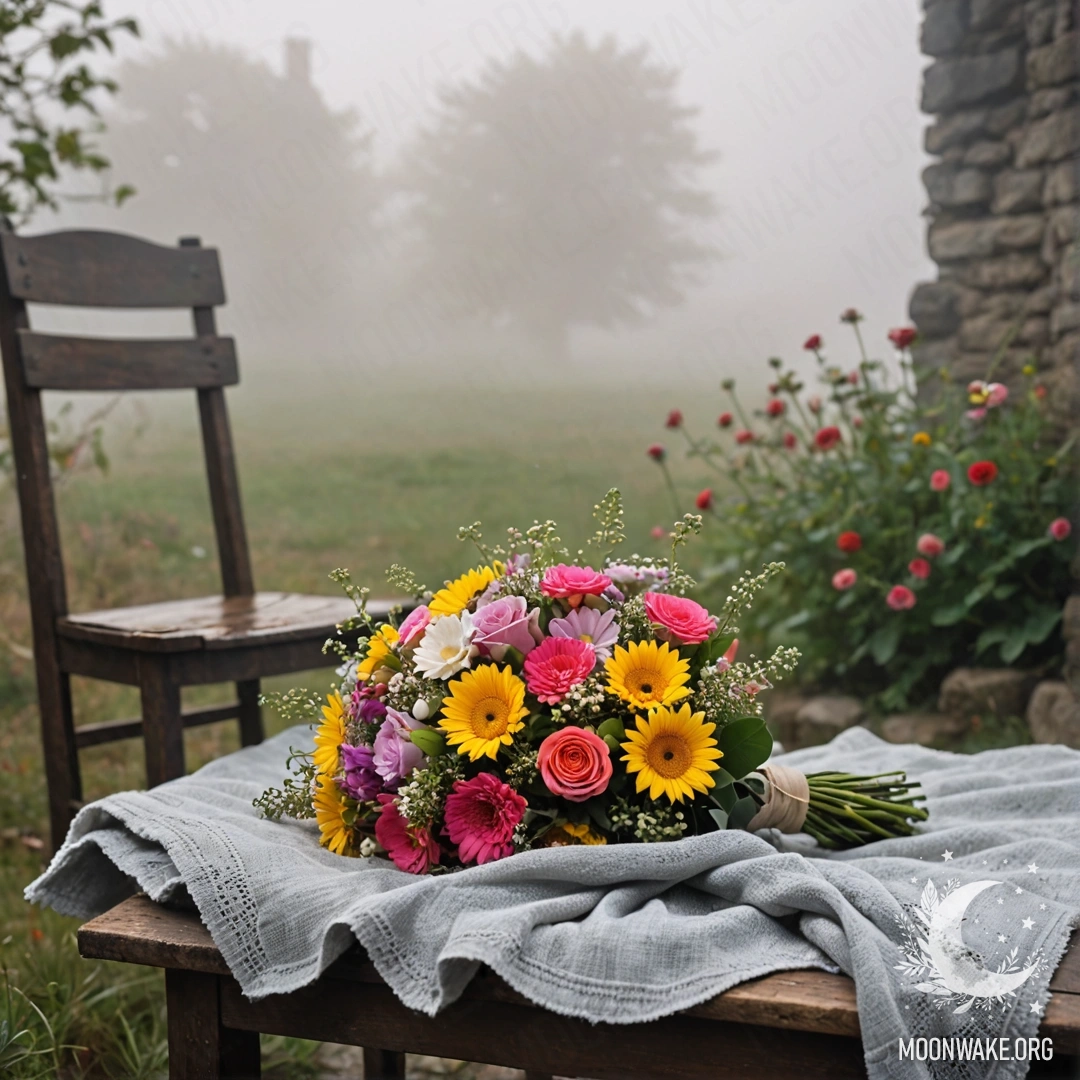 Стул, накрытый пледом, на котором лежит букет цветов на фоне потертой стены, окутанный густым туманом.