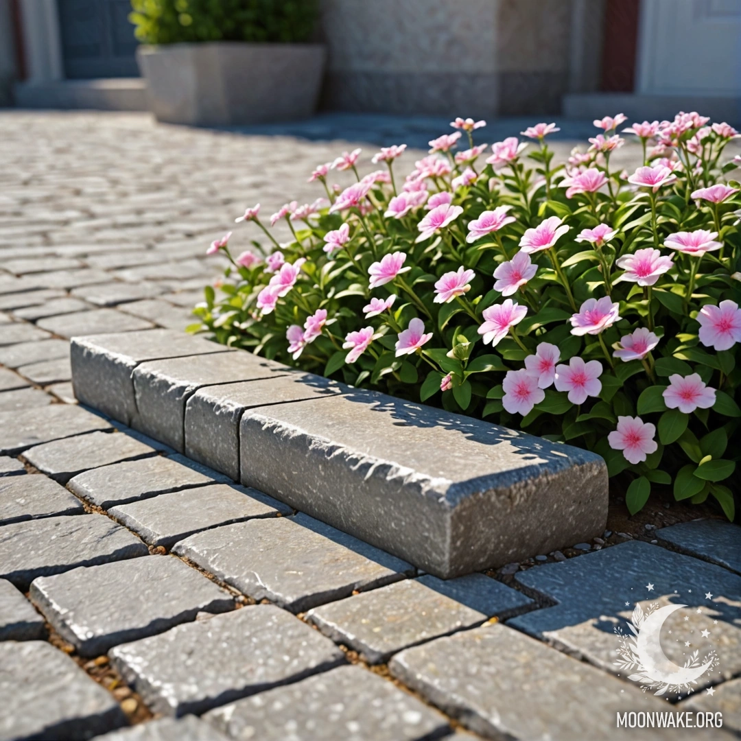 Старый каменный край с белыми и розовыми цветами, растущими за ним, освещенный солнечными лучами.