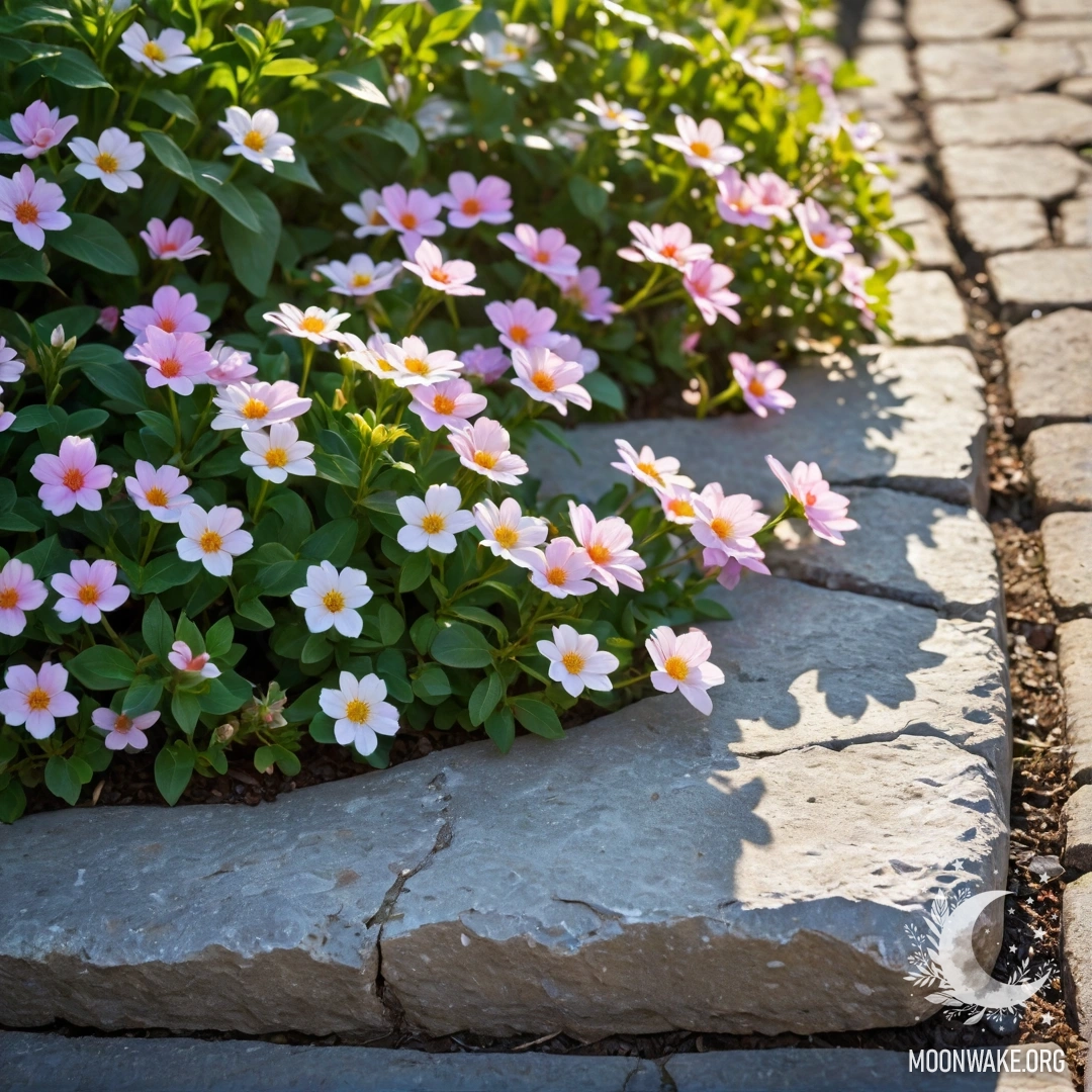 Старый каменный бордюр с маленькими белыми и розовыми цветами, растущими за ним, освещенный солнечными лучами.