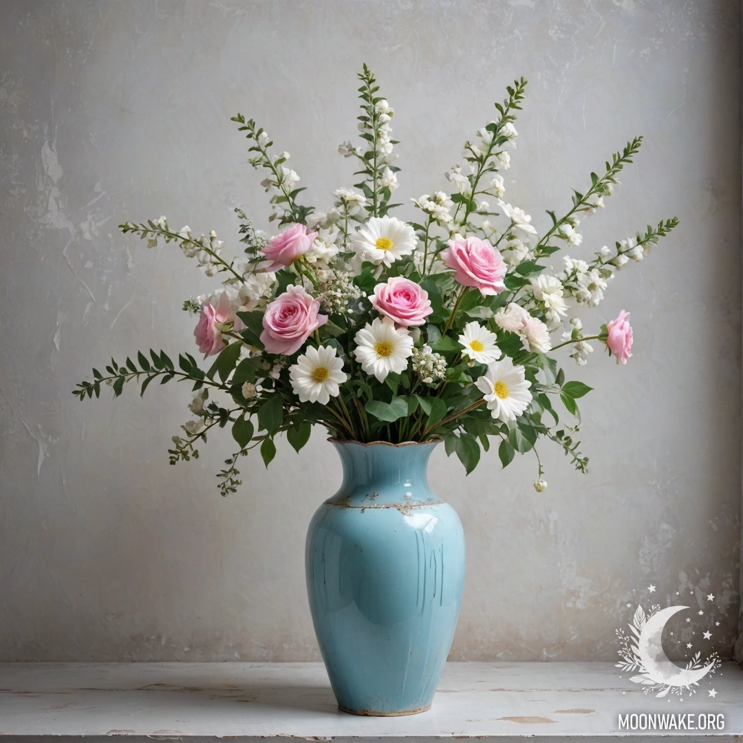 Старый каменный бордюр, утыканный цветущими белыми и розовыми цветами.